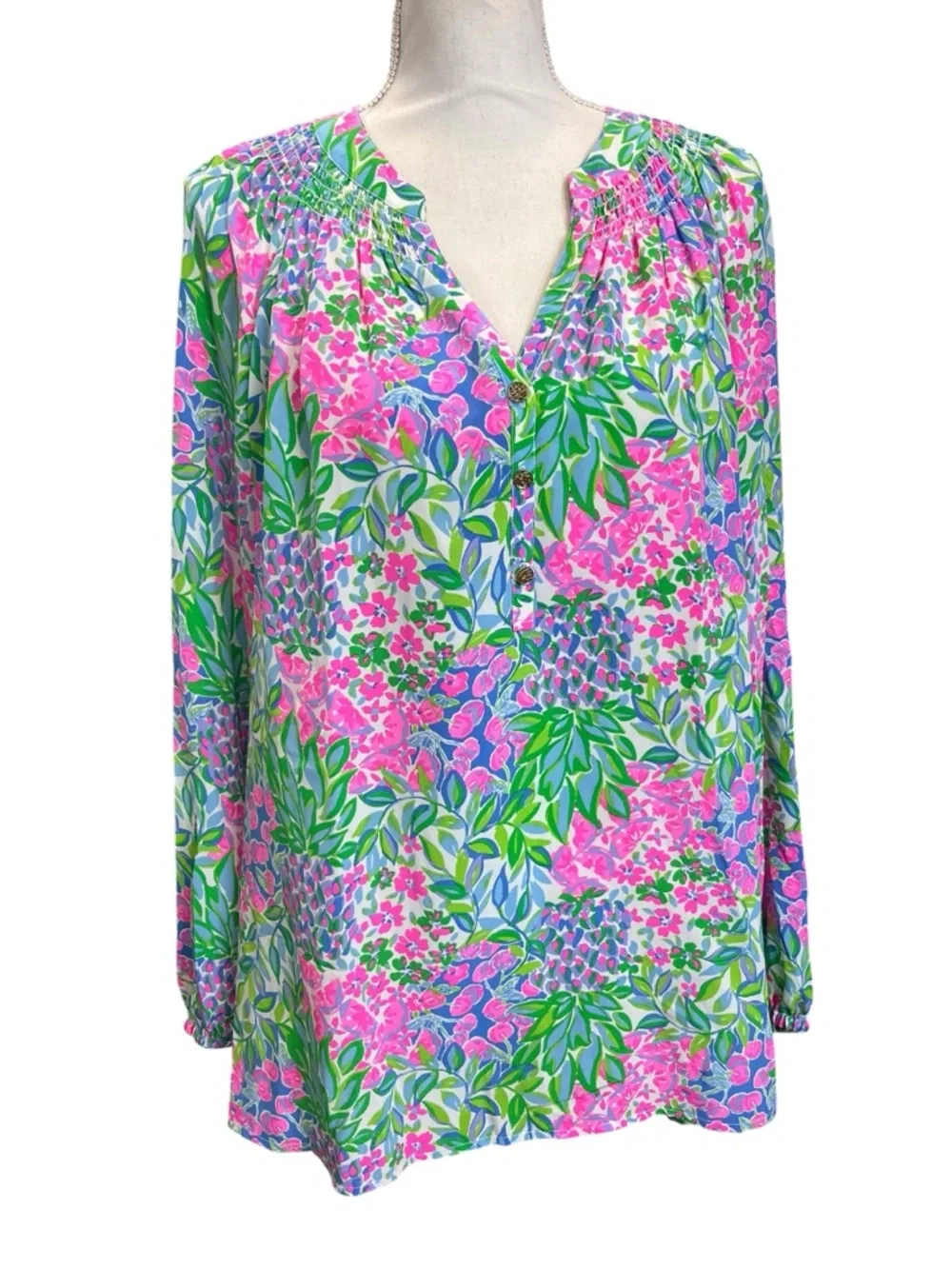 Lilly Pulitzer 100% Silk Floral Blouse XL Pink Green Blue Resort Preppy Top - Picture 2 of 8
